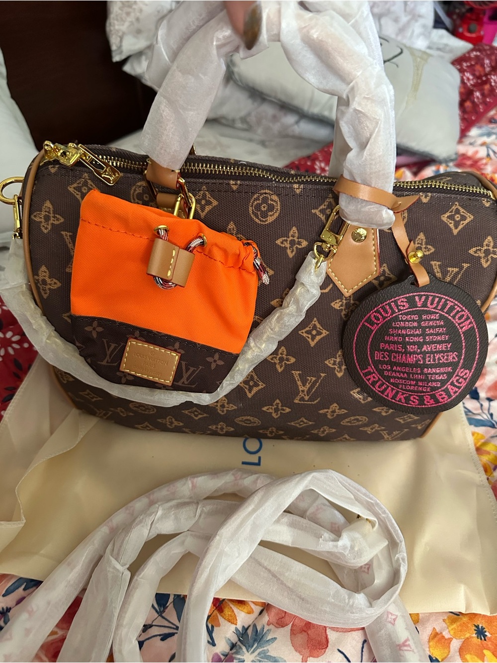 Monogram Satchel Exterior Pocket and Pink Tag - Picture 2 of 9